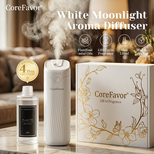 CoreFavor Waterless Essential Oil Diffuser (M60) with 3x120ml Oil (Paris Bloom + Enchanted + Luxury)