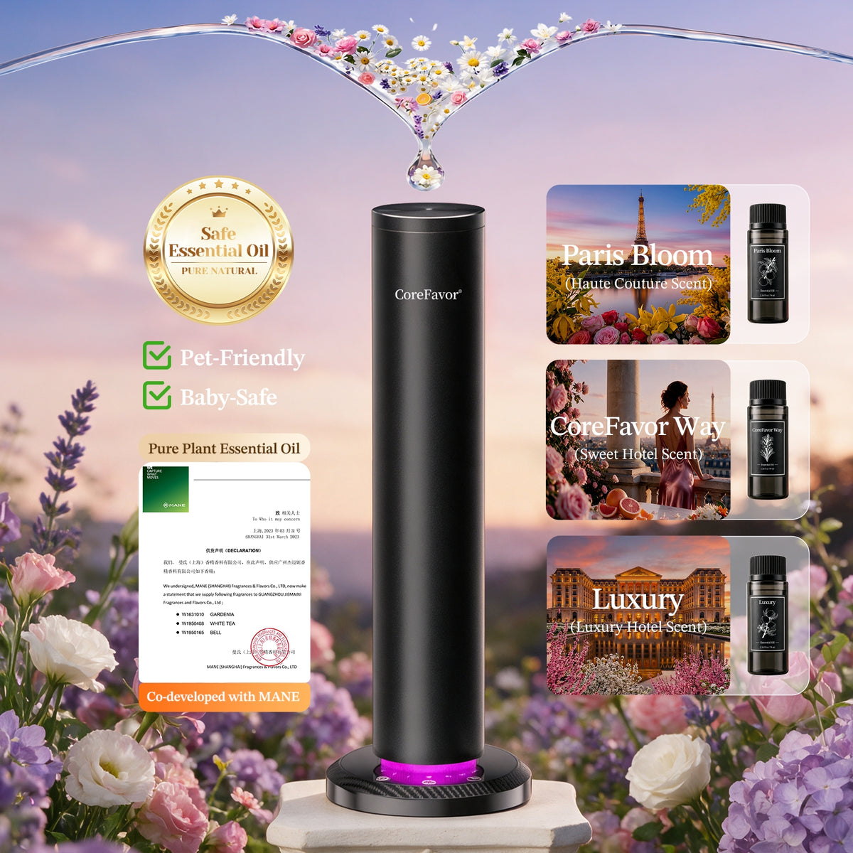 CoreFavor Smart Waterless Aroma Diffuser for Home with 6x70ml Oil