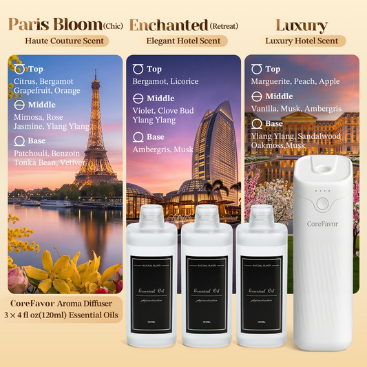 CoreFavor Waterless Essential Oil Diffuser (M60) with 3x120ml Oil (Paris Bloom + Enchanted + Luxury)