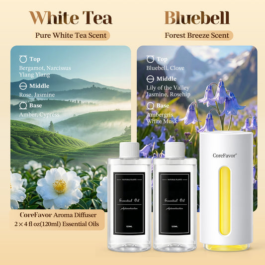 CoreFavor Waterless Essential Oil Diffuser (H2) with 2x120ml Oil (Bluebell + White Tea)