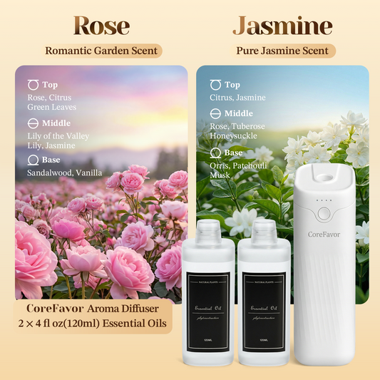 CoreFavor Waterless Essential Oil Diffuser (M60) with 120ml Oil (Jasmine+Rose)