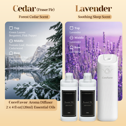CoreFavor Waterless Essential Oil Diffuser (M60) with 120ml Oil (Cedar+Lavender)