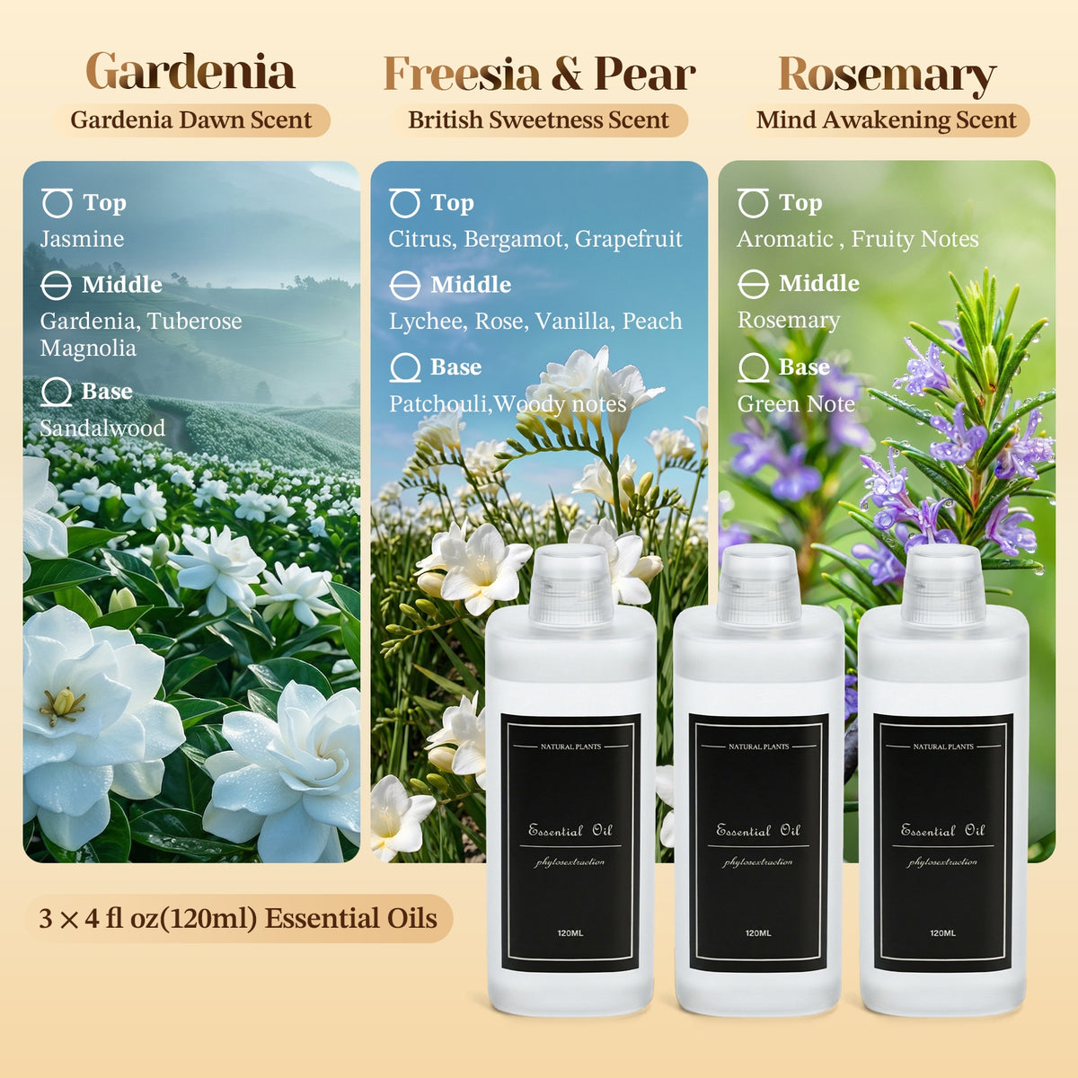 CoreFavor 3x120ml Essential Oil for Diffuser M60 (Gardenia + Freesia&Pear + Rosemary)