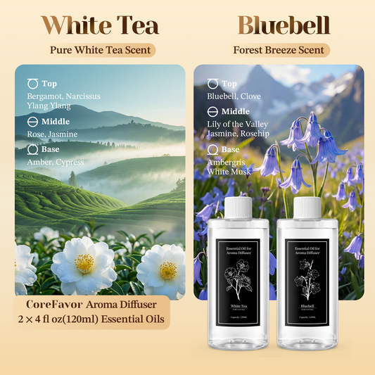 CoreFavor 2x120ml Essential Oil for Diffuser H2 (Paris Bloom + Enchanted + Luxury)(Bluebell +White Tea)