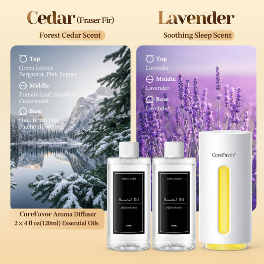 CoreFavor Waterless Essential Oil Diffuser (H2) with 2x120ml Oil (Cedar + Lavender)