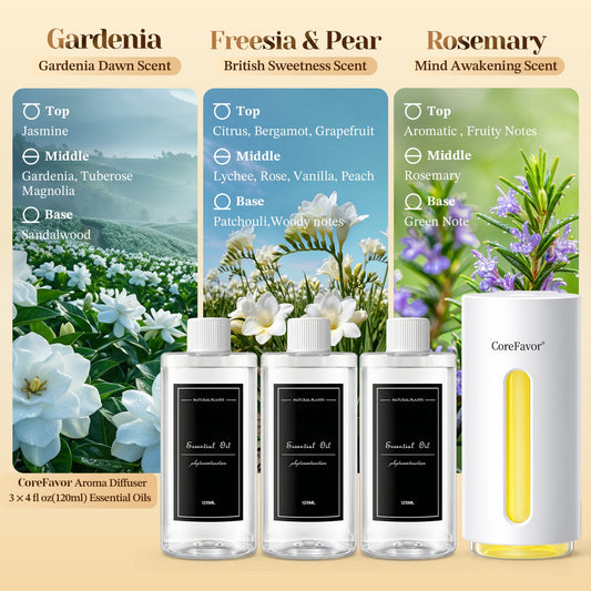 CoreFavor Waterless Essential Oil Diffuser (H2) with 3x120ml Oil (Gardenia + Freesia&Pear + Rosemary)