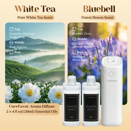 CoreFavor Waterless Essential Oil Diffuser (M60) with 120ml Oil (Bluebell +White Tea)