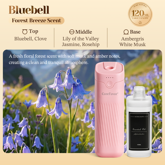 CoreFavor Waterless Essential Oil Diffuser (M60) with 120ml Oil (Pink, Bluebell)