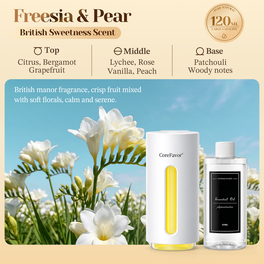CoreFavor Waterless Essential Oil Diffuser (H2) with 120ml Oil (Freesia & Pear)