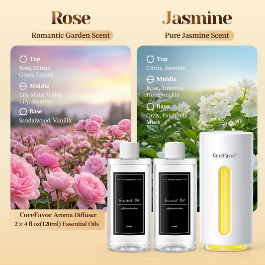 CoreFavor Waterless Essential Oil Diffuser (H2) with 2x120ml Oil (Jasmine + Rose)