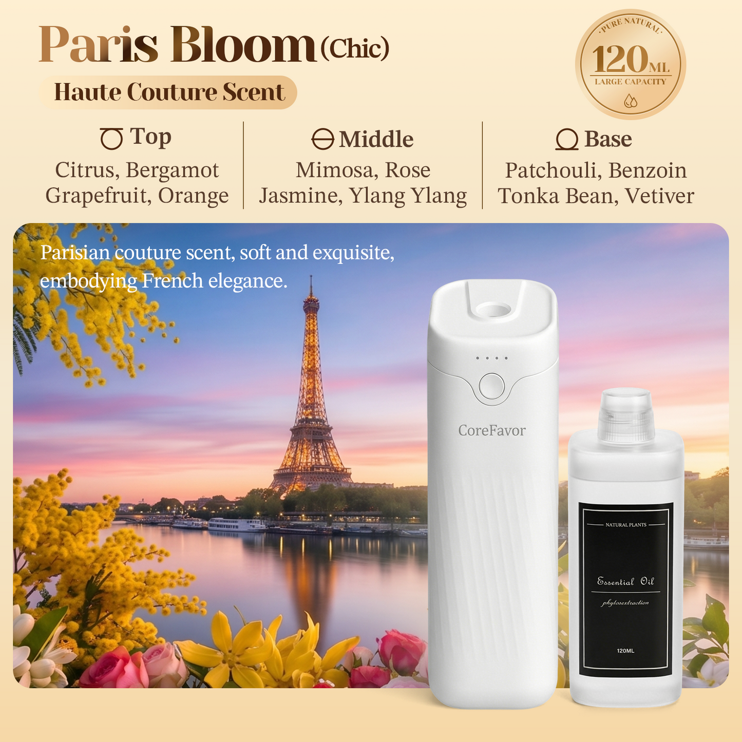 CoreFavor Waterless Essential Oil Diffuser (M60) with 120ml Oil (Paris Bloom)