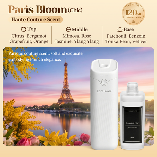 CoreFavor Waterless Essential Oil Diffuser (M60) with 120ml Oil (Paris Bloom)